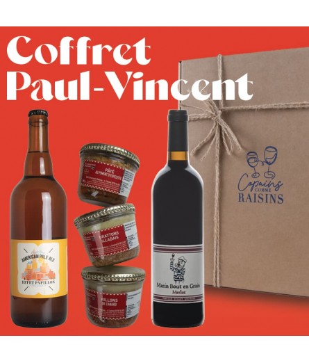 Un coffret idéal pour découvrir de bons vins, idéal pour l'apéro : une bière, un vin rouge et des pâtés !